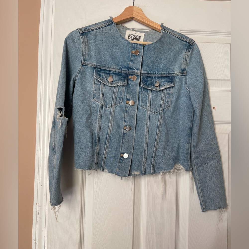 Zara Distressed Cropped Denim Jacket